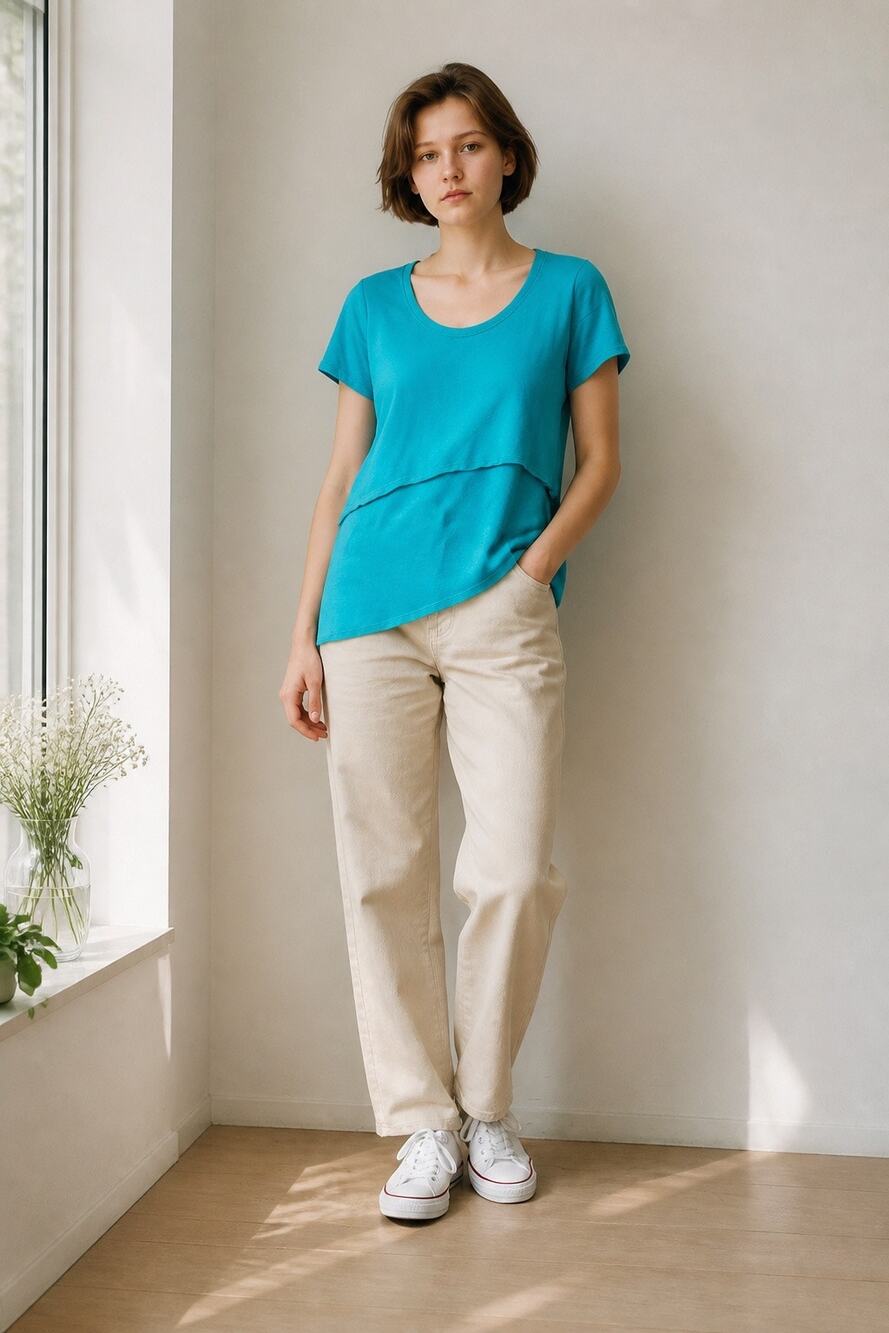 NWT S Joan Vass Turquoise Blue Scoop Neck Layered Asymmetric Short Sleeve Top